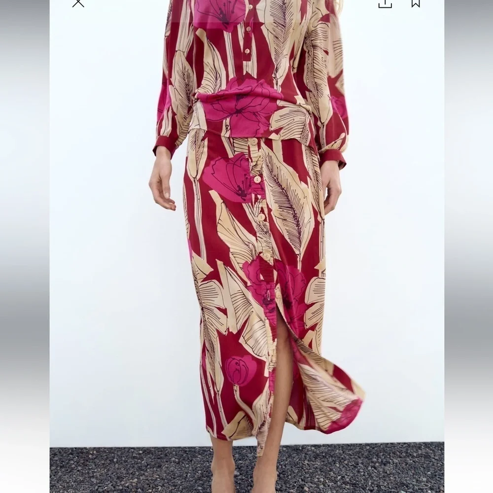 Zara New Women Bohemian Floral‎ Print High Waisted Midi Skirt Size M